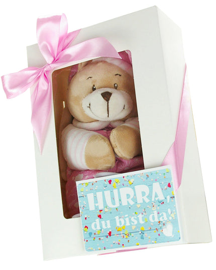Baby Musikspieluhr in blau rosa | Geschenkbox Spieluhr Bär + Grußkarte