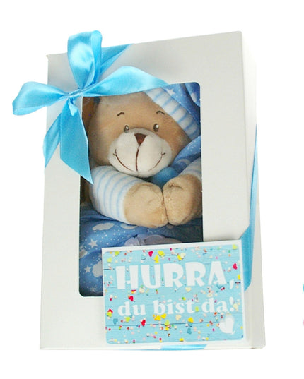 Baby Musikspieluhr in blau rosa | Geschenkbox Spieluhr Bär + Grußkarte